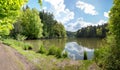 Walkway along Thanninger Weiher, lake with water reflection. spring landscape bavaria