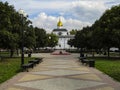 Walkway of 60 Anniversary of the Victory in Lenin avenue with view of Alexander Nevsky cathedral in Balashikha, Russia.