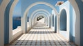 A walkway with arches leading to the ocean. Generative AI image.