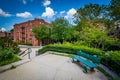 Walkway and bench at Southwest Corridor Park in Back Bay, Boston Royalty Free Stock Photo