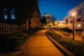 Walkway and buildings at night in downtown Rock Hill, South Carolina.