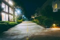 Walkway between buildings at night, in Monterey Royalty Free Stock Photo
