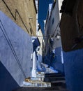 Towering buildings and a shadowy blue walkway ascending to the top of the town