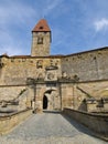 Walkway and facade of the well-preserved Coburg Fortress on a bright day in Germany