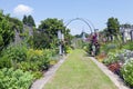 Walkway between flower beds, pink rose arch in english garden Royalty Free Stock Photo