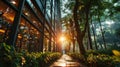 Walkway in the green forest at sunset, Hong Kong, China Royalty Free Stock Photo