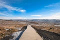 Walkway of gullfoss waterfall in Iceland surrounding by grass field with blue sky Royalty Free Stock Photo