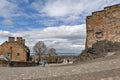 Walkway inside the complex area of Edinburgh Castle, popular tourist landmark of Edinburgh, capital city of Scotland, UK