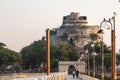 A walkway in Lakhota Palace with the fort of Bhujiyo Kotho in Jamnagar