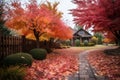 a walkway lined with colorful leaves in front of a house