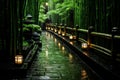 a walkway lined with green bamboo trees and lanterns