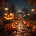 Walkway lined with Jack\'o-lanterns and lights.