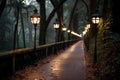 a walkway lined with lighted lamps in the woods