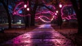 a walkway lined with pink lights in a park