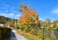 Walkway beside Loisach river, autumnal landscape Wolfratshausen