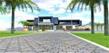 Walkway made of gray concrete shaped blocks with white curb on the green meadow in the yard of the contemporary estate in