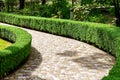 Walkway made of stone tiles in a park with a hedge.