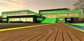 Walkway made of terrace board to the stylish upscale house illuminated in green. Yellow glowing border near the pool at night. 3d