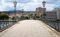 Walkway on the Old Bridge, Ponte Velha, across Tua river, Mirandela, Portugal Royalty Free Stock Photo