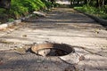 Walkway with opened sewers hatch