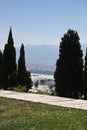 Walkway in pamukkale park with pine trees, turkey Royalty Free Stock Photo