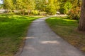 Walkway Path With Green Trees. Pathway in a Summer Park with beautiful trees and green grass, track for running, walking Royalty Free Stock Photo