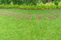The walkway pattern of square Laterite stepping stone on fresh green grass yard, smooth carpet lawn and shrubs in the garden