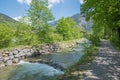 Walkway at the riverside of rottach river, spring landscape