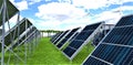 Walkway between rows of steel-framed solar panels installed on the lawn of an eco-friendly estate in the mountains. 3d rendering