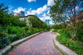 Walkway at Southwest Corridor Park in Back Bay, Boston, Massachusetts. Royalty Free Stock Photo