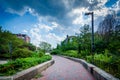 Walkway at Southwest Corridor Park in Back Bay, Boston, Massachusetts. Royalty Free Stock Photo