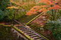 The walkway stepping stair with black steel railing under red leaves maple trees in Japanese garden in autumn season Royalty Free Stock Photo