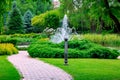 Walkway stone tiles in park with landscaping. Royalty Free Stock Photo