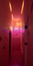 The walkway to the bathroom is decorated with LED lights in red and pink-yellow tones in the ocean concept.