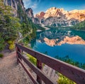 Walkway trekk around Braies Pragser Wildsee lake.