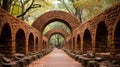 A walkway between two brick arches in a park. Generative AI image.