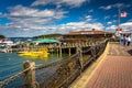 Walkway and view of the harbor in Bar Harbor, Maine.