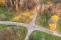 Walkways intersection in autumn park. fall scenery. aerial photo