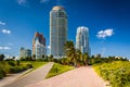 Walkways at South Pointe Park and skyscrapers in Miami Beach, Fl Royalty Free Stock Photo