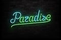 Vector realistic isolated neon sign of Paradise typography logo for template decoration on the wall background. Concept of summer Royalty Free Stock Photo