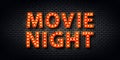 Vector realistic isolated retro marquee billboard with electric light lamps of Movie Night logo for template decoration and coveri