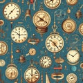 Array of Clocks on Wall. Generative AI Royalty Free Stock Photo