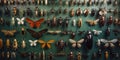 A wall adorned with a variety of taxidermy insects, displaying the specialized interest in entomology, concept of