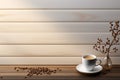 Wall aesthetics, a coffee photo graces the serene white wood