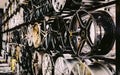 wall of alloy car wheels in store Royalty Free Stock Photo