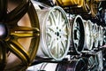 wall of alloy car wheels in store Royalty Free Stock Photo