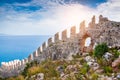 The wall of an ancient fortress on the hill in Alanya, Turkey