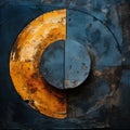 Abstract Artwork: Circular Metal Frame With Rust And Dark Indigo And Yellow Split Toning