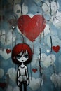 Wall art graffiti of a gorgeous red hair young girl artistic mural - generative AI