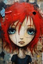 Wall art graffiti of a gorgeous red hair young girl artistic mural - generative AI